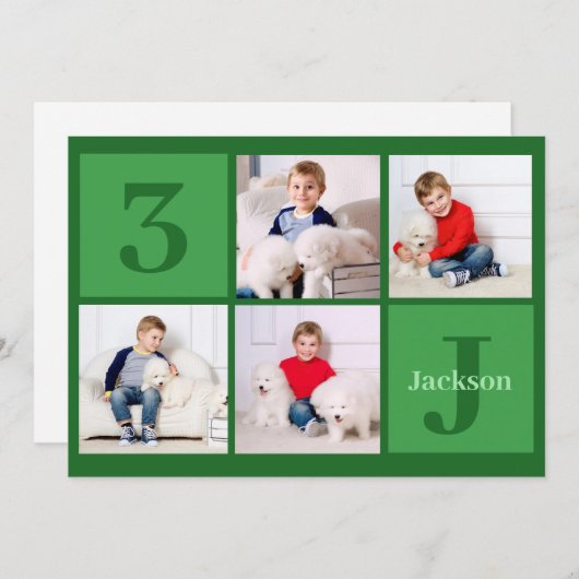 グリーン誕生日ボーイフォトコラージュカスタムパーティー 招待状 (正面/裏面)