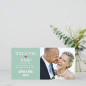 グリーン赤いハート結婚の写真サンキューカード サンキューカード (スタンド正面)