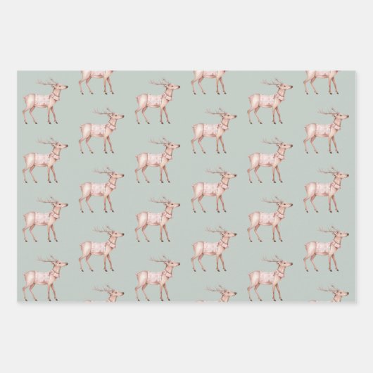 グリーン赤面ピンクディアクリスマスツリーサンタ ラッピングペーパーシート (正面)