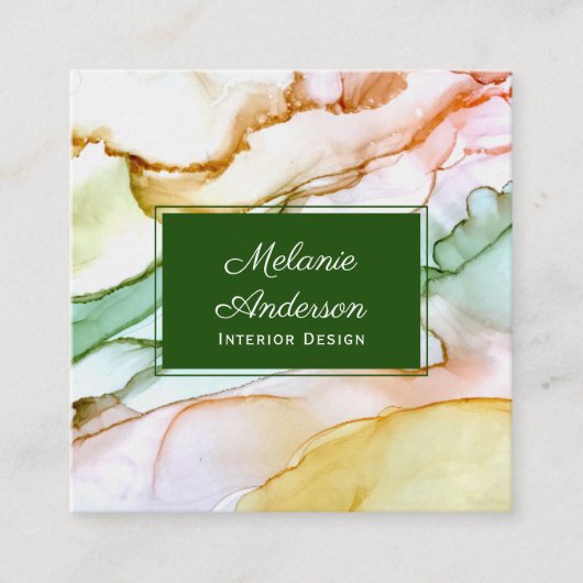 グリーン赤面ピンクパステルインテリアデザイン スクエア名刺 (正面)