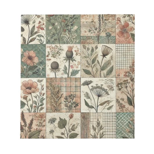 グリーン赤面ピンクパッチワークフローラキルティングデザイン ノートパッド (正面)