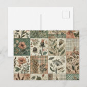 グリーン赤面ピンクパッチワークフローラキルティングデザイン ポストカード (正面/裏面)