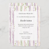 グリーン赤面ピンクパープルフローラストライプ誕生日 招待状 (正面/裏面)