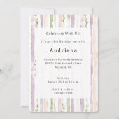 グリーン赤面ピンクパープルフローラストライプ誕生日 招待状 (正面)