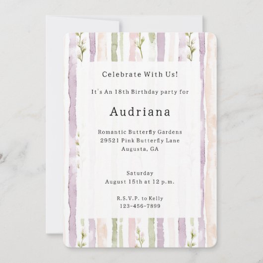 グリーン赤面ピンクパープルフローラストライプ誕生日 招待状 (正面)