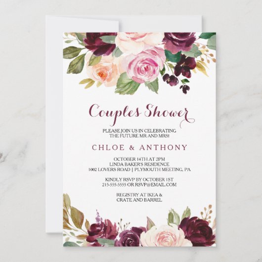 グリーン赤面ブルゴーニュフローラカップルシャワー 招待状 (正面)