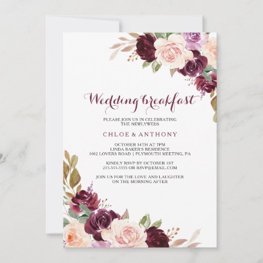 グリーン赤面ブルゴーニュフローラ結婚ズブレックファースト 招待状 (正面)