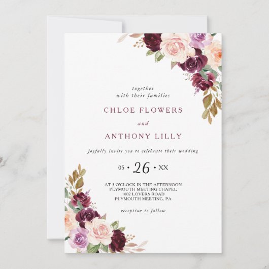 グリーン赤面ブルゴーニュ結婚フローラ 招待状 (正面)