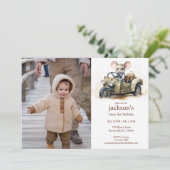 グリーン車の可愛い水色マウス1st誕生日 招待状 (スタンド正面)