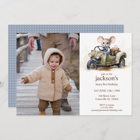 グリーン車の可愛い水色マウス1st誕生日 招待状 (正面/裏面)
