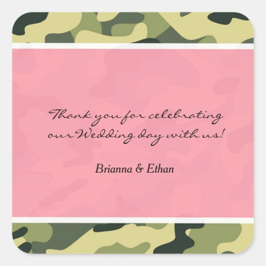 グリーン迷彩柄カモフラージュ&ピンクステッカー スクエアシール (正面)