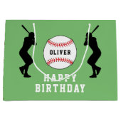 グリーン野球選手キッズネーム誕生日 ラージペーパーバッグ (正面)