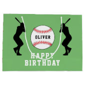 グリーン野球選手キッズネーム誕生日 ラージペーパーバッグ (裏面)