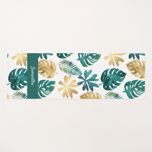 グリーン金ゴールドイエロー熱帯自然パーム ヨガマット (正面(横))