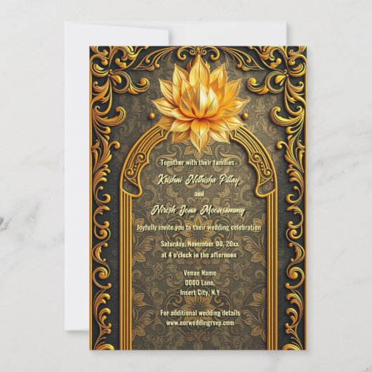 グリーン金ゴールドインディアンハス花ヒンズーエレガント教 招待状 (正面)