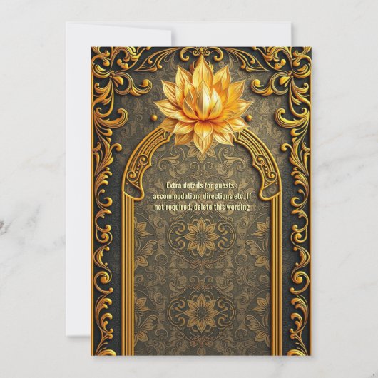 グリーン金ゴールドインディアンハス花ヒンズーエレガント教 招待状 (裏面)