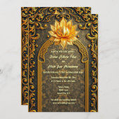 グリーン金ゴールドインディアンハス花ヒンズーエレガント教 招待状 (正面/裏面)