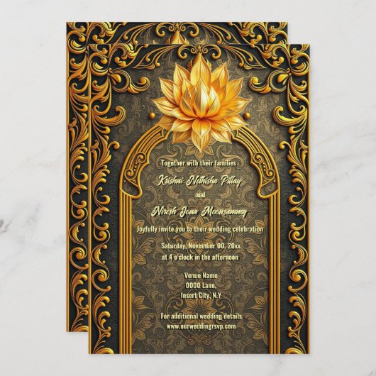 グリーン金ゴールドインディアンハス花ヒンズーエレガント教 招待状 (正面/裏面)