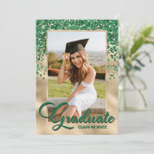 グリーン金ゴールドエレガント写真卒業パーティー 招待状 (スタンド正面)