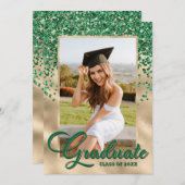 グリーン金ゴールドエレガント写真卒業パーティー 招待状 (正面/裏面)