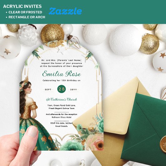 グリーン金ゴールドキンセアニラエメラルドドレスミカンス アクリル招待状