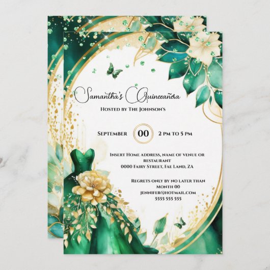 グリーン金ゴールドキンセアニラ蝶の花フローラ 招待状 (正面/裏面)