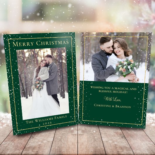 グリーン金ゴールドクリスマススノーフォール2フォトホリデーカード シーズンカード