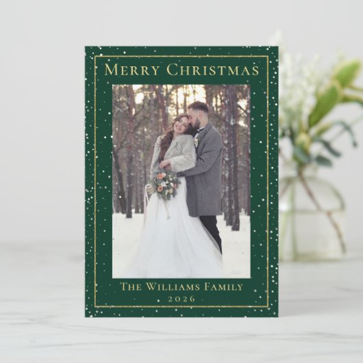 グリーン金ゴールドクリスマススノーフォール2フォトホリデーカード シーズンカード (スタンド正面)