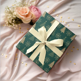 グリーン金ゴールドクリスマスツリースノーフレークラップ紙 ラッピングペーパー