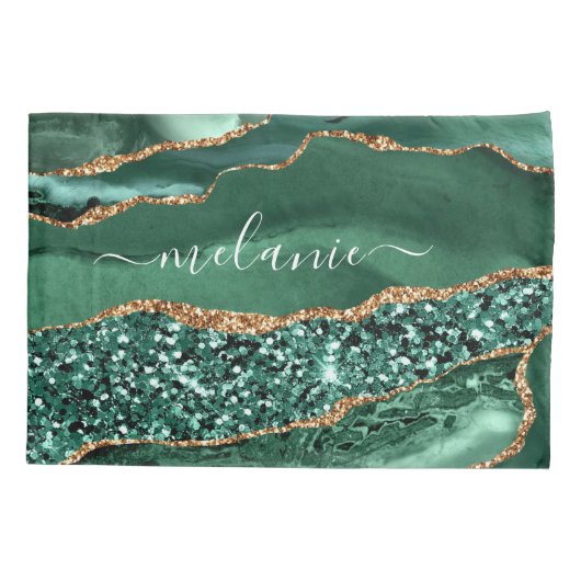グリーン金ゴールドグリッターエメラルド名前をカスタムするピローケース 枕カバー (裏面)