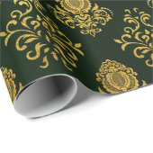 グリーン金ゴールドグリッタークリスマスダマスクオーナメントギフト ラッピングペーパー (ロールコーナー)