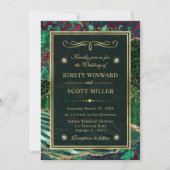 グリーン金ゴールドグリッタージャングルアゲート結婚ズ 招待状 (正面)