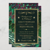 グリーン金ゴールドグリッタージャングルアゲート結婚ズ 招待状 (正面/裏面)