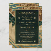 グリーン金ゴールドグリッタージャングルアゲート結婚ズ 招待状 (正面/裏面)
