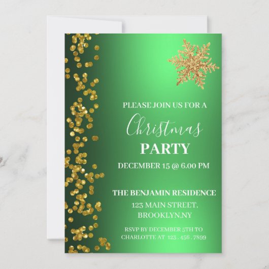 グリーン金ゴールドグリッタースノーフレーククリスマスパーティー 招待状 (正面)