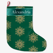 グリーン金ゴールドグリッタースノーフレークスクリスマスネーム ラージクリスマスストッキング (正面)
