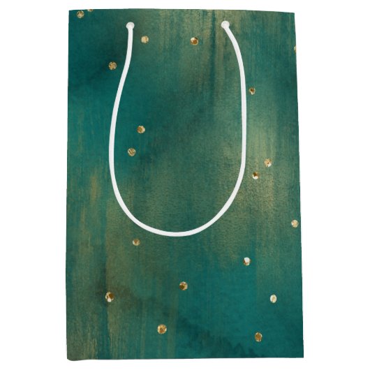 グリーン金ゴールドグリッタースパークルクリスマス ミディアムペーパーバッグ (正面)