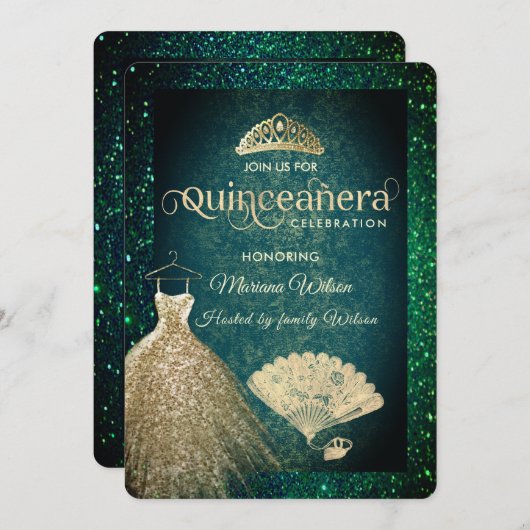 グリーン金ゴールドグリッタードレスティアラファンキンセアニェライン 招待状 (正面/裏面)