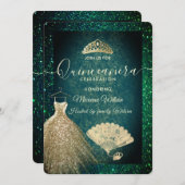 グリーン金ゴールドグリッタードレスティアラファンキンセアニラ 招待状 (正面/裏面)