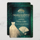 グリーン金ゴールドグリッタードレスティアラファンキンセアニラ 招待状 (正面/裏面)