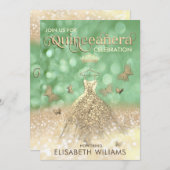 グリーン金ゴールドグリッタードレスバタフライキンセアニラ 招待状 (正面/裏面)