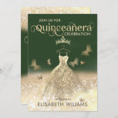 グリーン金ゴールドグリッタードレスバタフライキンセアニラ 招待状 (正面/裏面)