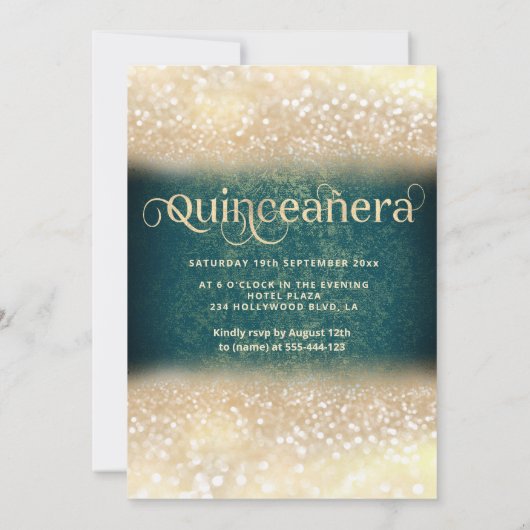 グリーン金ゴールドグリッタードレスバタフライクインセアニェラ 招待状 (裏面)