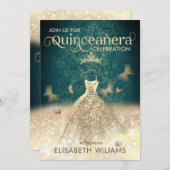 グリーン金ゴールドグリッタードレスバタフライクインセアニェラ 招待状 (正面/裏面)