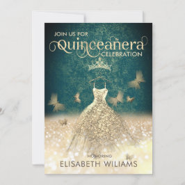 グリーン金ゴールドグリッタードレスバタフライクインセアニェラ 招待状