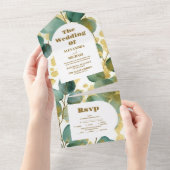 グリーン金ゴールドグリッターユーカリ結婚プス オールインワン招待状 (貼ってはがせる)