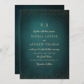グリーン金ゴールドグリッター洗練モノグラム結婚ズ 招待状 (正面/裏面)