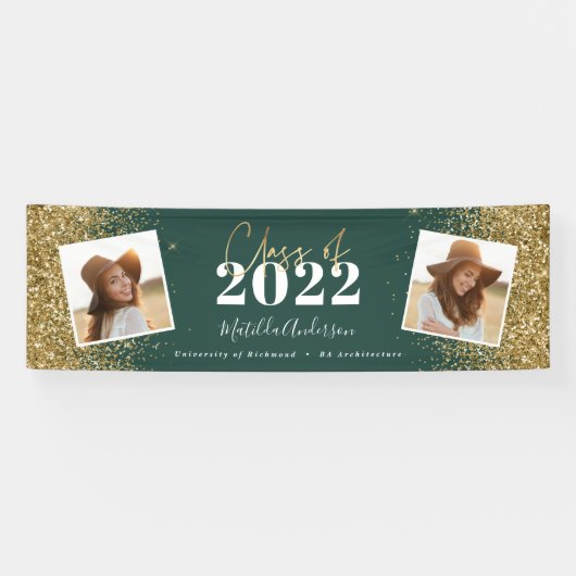 グリーン金ゴールドグリッター2写真クラス卒業 横断幕 (横)