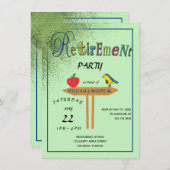 グリーン金ゴールドグリッター&レッドアップルハッピーリタイアメント 招待状 (正面/裏面)