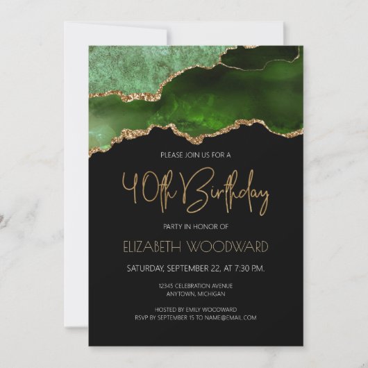 グリーン金ゴールドゲートGeode 40th誕生日パーティー 招待状 (正面)